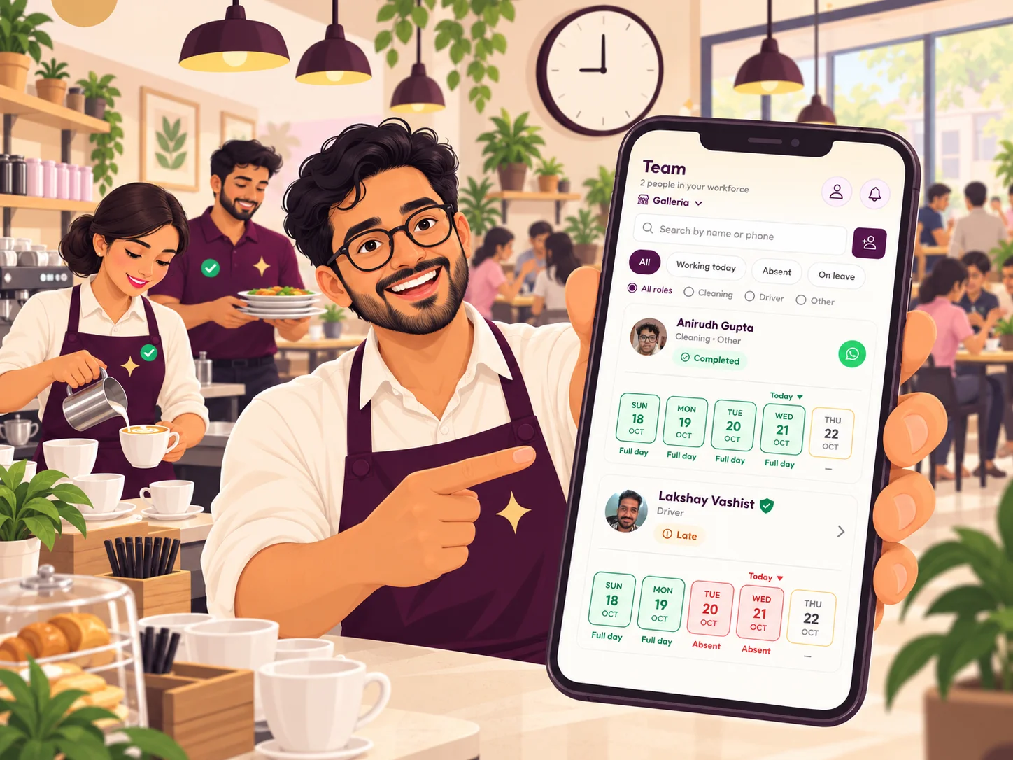 Café manager reviewing staff attendance in Blyss